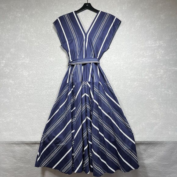 Zara Midi Limited Edition Dress Womens Size Small Navy Blue Striped Godet - Picture 8 of 10